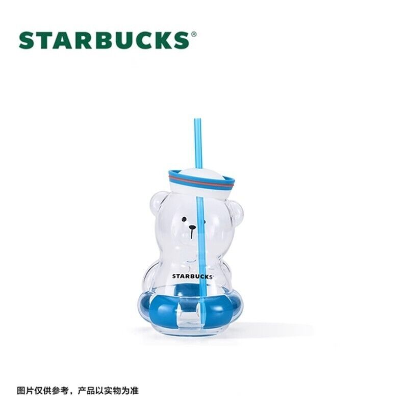 2024 China Starbucks Summer Seaside Series 27oz Swimming Cute Bear Glass Sraw Cup - Lynn StarbucksCup