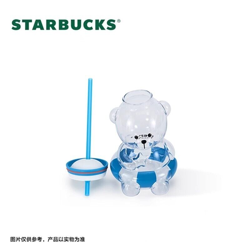 2024 China Starbucks Summer Seaside Series 27oz Swimming Cute Bear Glass Sraw Cup - Lynn StarbucksCup