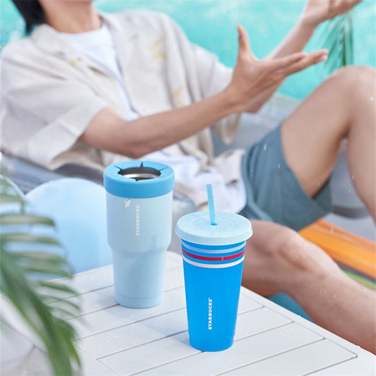 Starbucks 2024 China Summer Seaside Blue SS Ice Tumbler+Plastic Tumbler Set Free Shipping - Lynn StarbucksCup