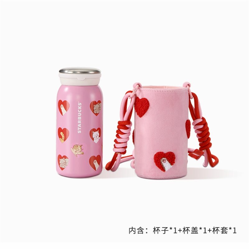 2024 China Starbucks Valentine'Day Pink Heart-shap Cat 12oz SS Vacuum Cup with Shoulder Bag - Lynn StarbucksCup