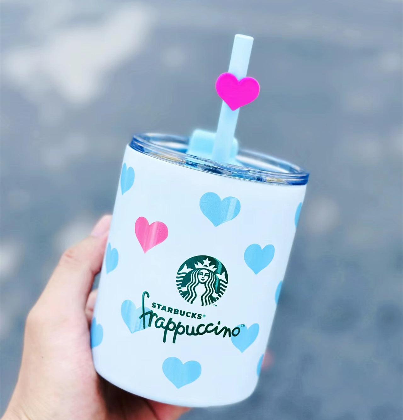 2024 New China Starbucks Frappuccino Heart topper Ice Blue Straw SS Cup 13oz 390ml