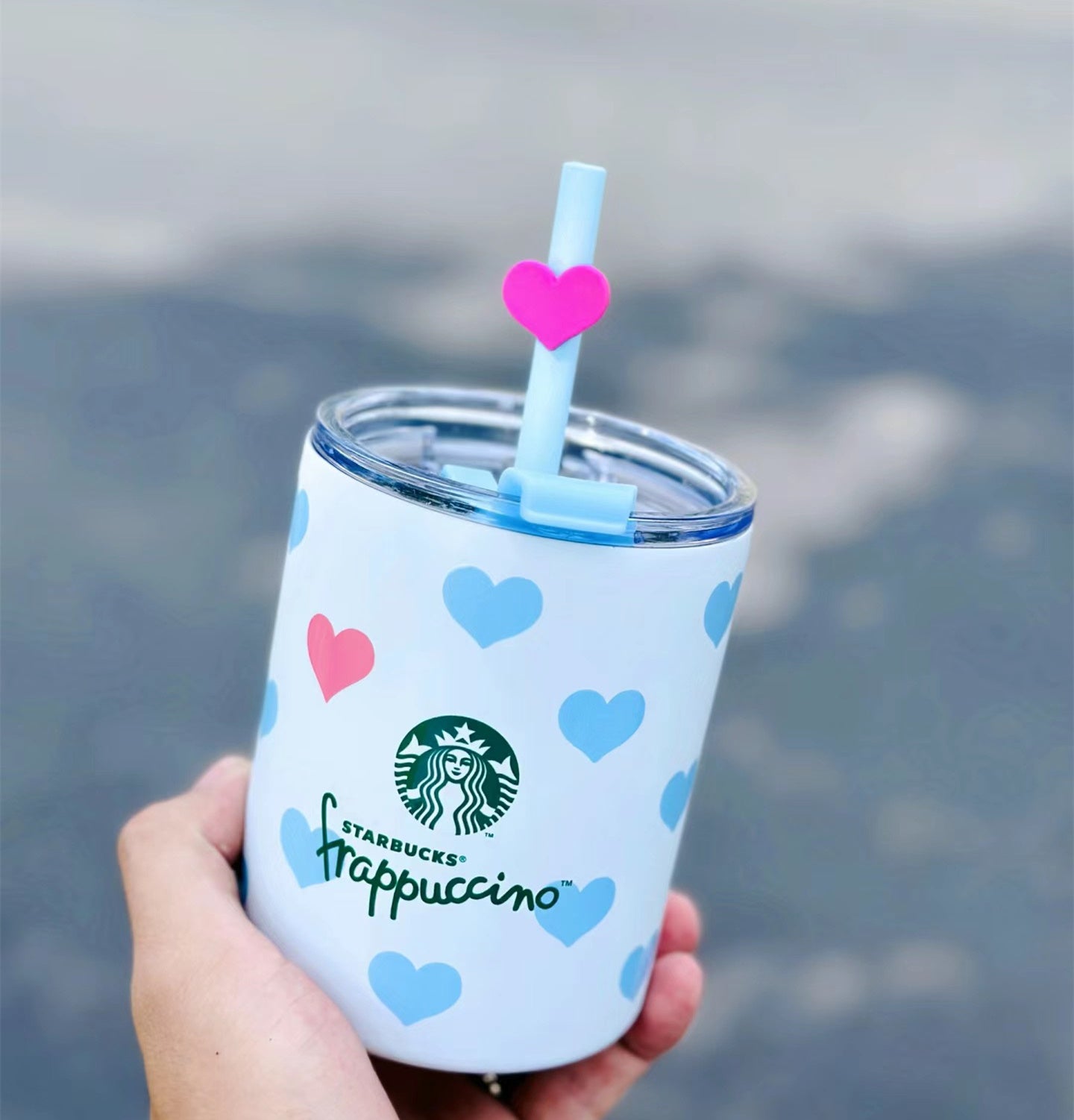 2024 New China Starbucks Frappuccino Heart topper Ice Blue Straw SS Cup 13oz 390ml