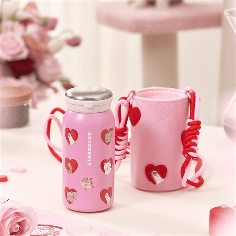 2024 China Starbucks Valentine'Day Pink Heart-shap Cat 12oz SS Vacuum Cup with Shoulder Bag - Lynn StarbucksCup