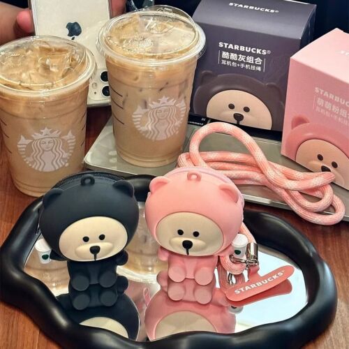 New 2024 China Starbucks Cute Silicon Bear Phone Lanyard Keychain Earphone Bag