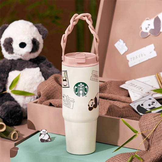 Starbucks China Traveling Panda 27oz Double Drink SS Tumbler With Handle