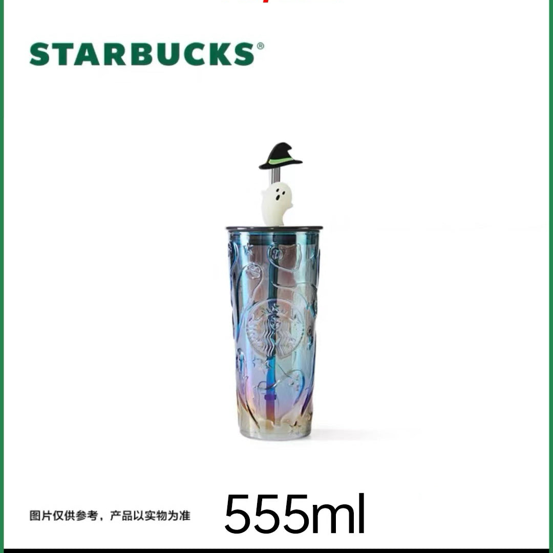 Starbucks Halloween Oil Slick 550ml Glass Straw Cup with Ghost Topper 2024