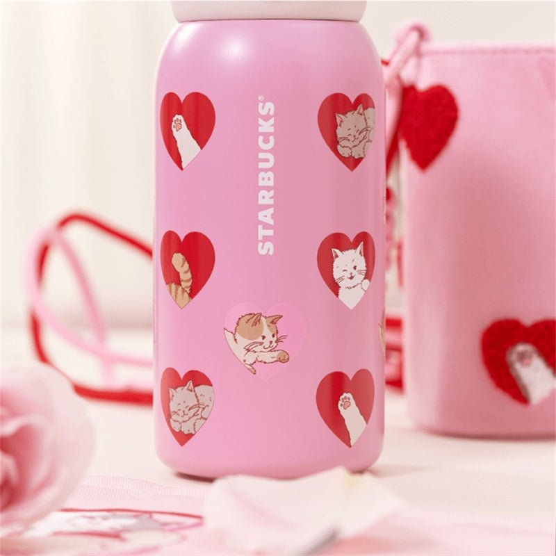 2024 China Starbucks Valentine'Day Pink Heart-shap Cat 12oz SS Vacuum Cup with Shoulder Bag - Lynn StarbucksCup