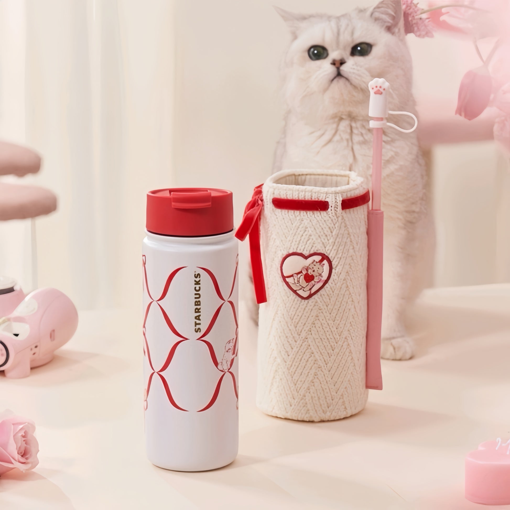 Starbucks 2024 Valentines Day 19oz Double Drink SS Tumbler With Knitted Bag